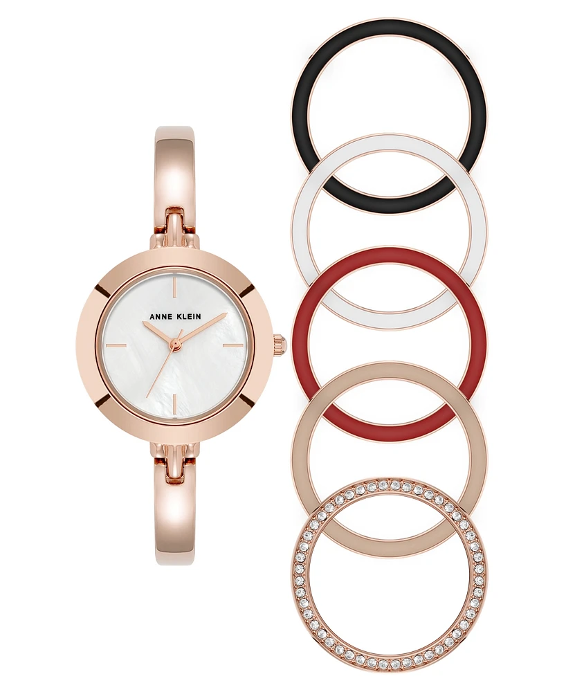 Anne Klein Women's Quartz Interchangeable Bezel Rose Gold-Tone Alloy Metal Watch Set, 30mm - White, Pink, Red, Black, Rose Gold