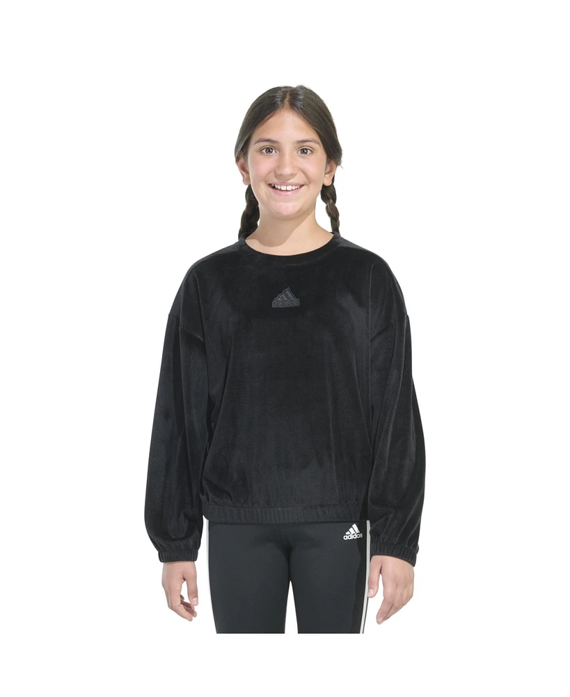 adidas Big Girls Long Sleeve Rib Velour Crewneck Pullover Sweatshirt