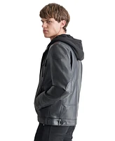 Dkny Men's Faux-Leather Removable Hood Moto Jacket