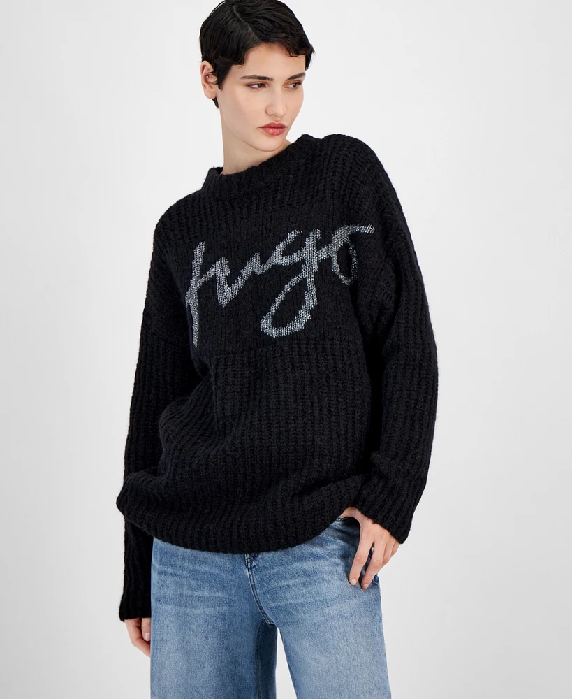 Hugo Women's Metallic-Logo Oversized Crewneck Sweater