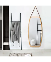 Sugift Modern Wall Mirror with Bamboo Frame and Adjustable Leather Strap