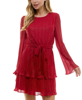 City Studios Juniors' Shimmering Tie-Front Bell-Sleeve Tiered Dress