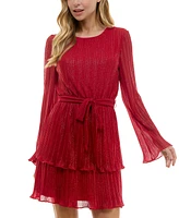 City Studios Juniors' Shimmering Tie-Front Bell-Sleeve Tiered Dress