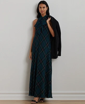 Lauren Ralph Lauren Women's Plaid Crinkle Georgette Tie-Neck Gown