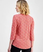 Jm Collection Petite Printed Round-Neck 3/4-Sleeve Top, Created for Macy's