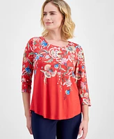 Jm Collection Petite Cascading Floral 3/4-Sleeve Top, Created for Macy's