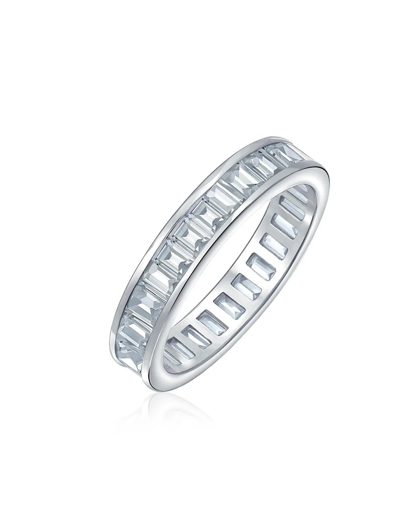 Bling Jewelry Art Deco Style Cz Cubic Zirconia Eternity Baguette Anniversary Band Ring For Women .925 Sterling Silver 4MM