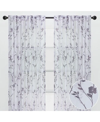 Chanasya Premium 2-Panel Floral Textured Sheer Curtain Panels - 3-in-1 Back Tab, Rod Pocket