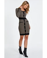 Quiz Women's Knit Houndstooth Button Front Sweater Dress