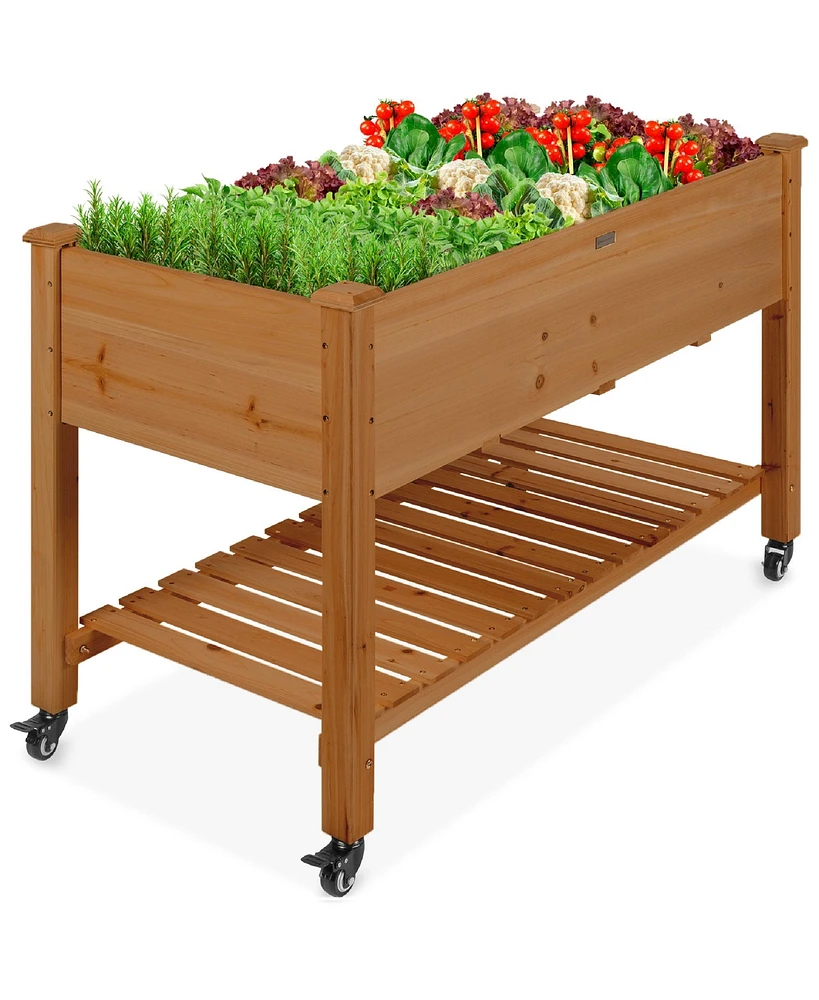 Best Choice Products Raised Garden Bed 48x24x32in Wood Mobile Elevated Planter w/ Wheel Locks, Shelf, Liner - Gray