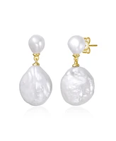 Genevive Sterling Silver 14K Gold Plated with Mother of Pearl Coin Drop Dangle Earrings