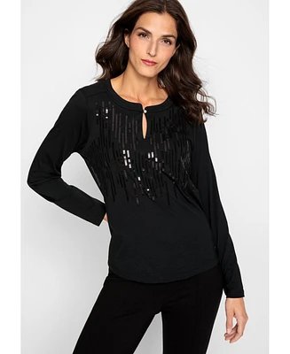 Olsen Women's Cotton Blend Long Sleeve Sequin T-Shirt