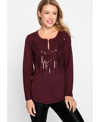 Olsen Women's Cotton Blend Long Sleeve Sequin T-Shirt