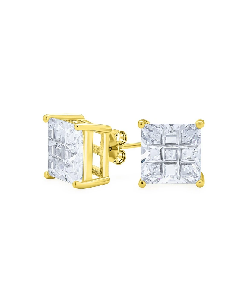 Bling Jewelry Square Cz Cubic Zirconia Invisible Cut Stud Earrings 14K Gold Plated .925 Sterling Silver