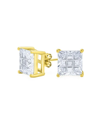 Bling Jewelry Square Cz Cubic Zirconia Invisible Cut Stud Earrings 14K Gold Plated .925 Sterling Silver