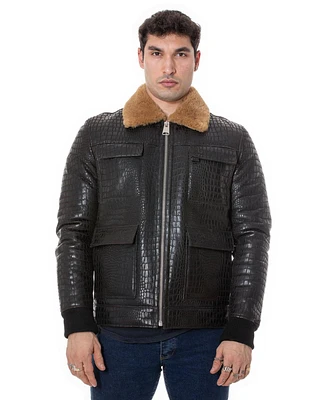 Men's Shearling Bomber Jacket, Brown Crocodile Emboss with Ginger Wool