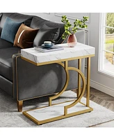 Tribesigns Set of 2 C Shaped End Table, Narrow Side Table, White Gold, Sofa Table with Metal Frame for Living Room