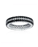 Bling Jewelry Pave Cubic Zirconia Two Tone 3 Row Stripe Cz Statement Black White Eternity Band Ring For Women .925 Sterling Silver