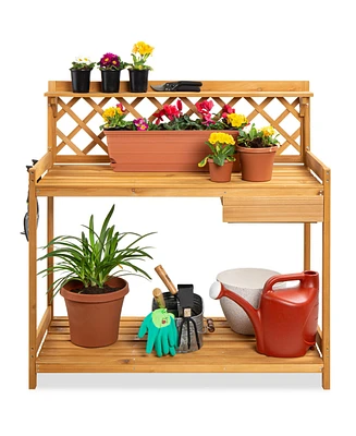 Best Choice Products Outdoor Wooden Garden Potting Bench, Workstation Table w/ Cabinet Drawer, Open Shelf