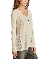 Lucky Brand Women's Henley V-Neck Lace-Godet Swing Top