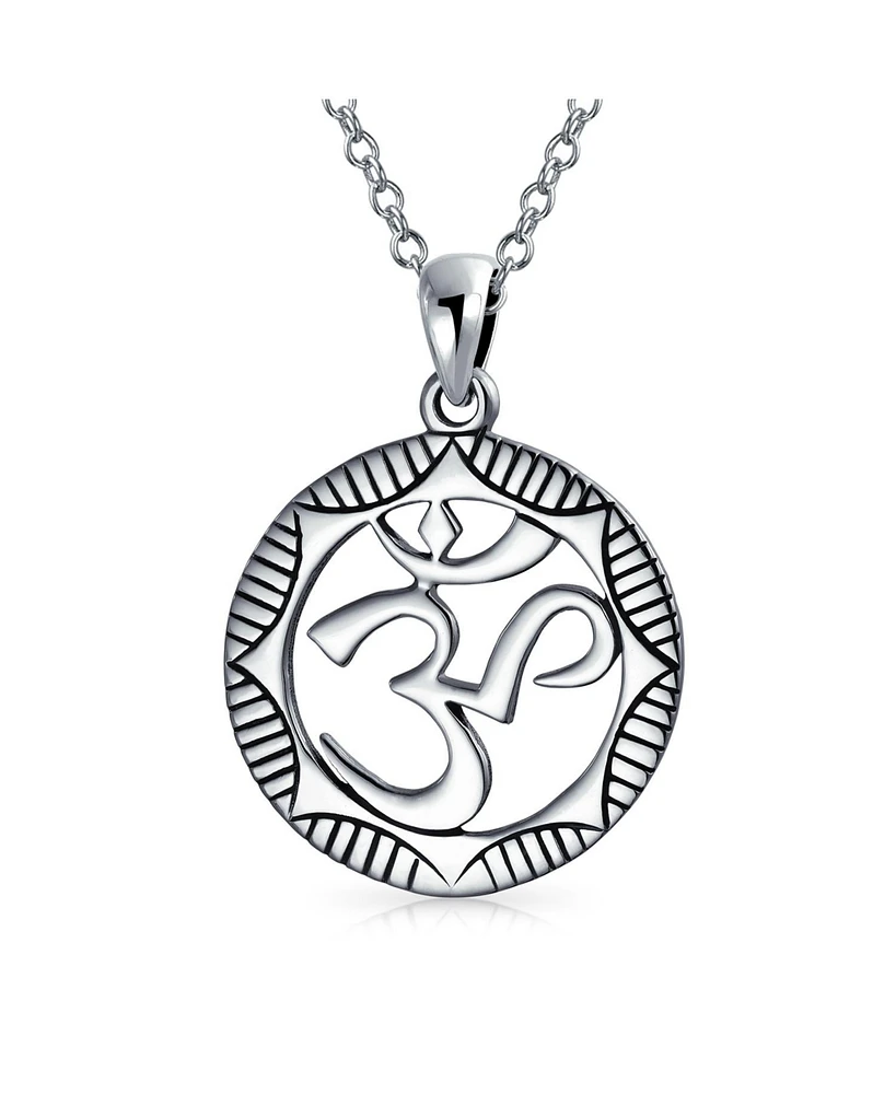 Bling Jewelry Round Circle Sanskrit Symbol Yoga Medallion Aum Om Ohm Pendant Necklace For Women Oxidized .925 Sterling Silver