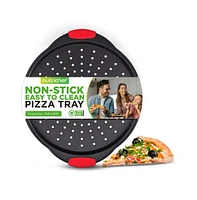 NutriChef Non-Stick Pizza Tray with Silicone Handle - Round Steel Non-stick Pan with Perforated Holes