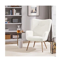 Yaheetech Faux Fur Fabric Boucle Accent Chair with Smiling Mouth Tufted High Back, Tapered Legs White