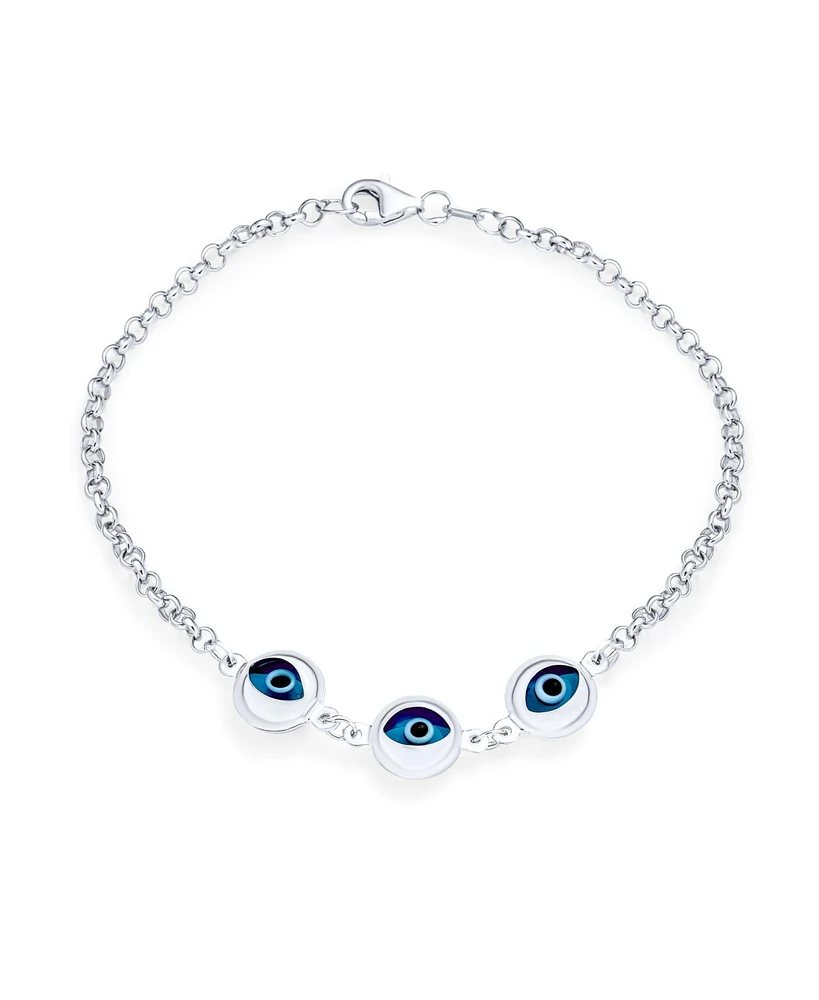 Bling Jewelry Turkish Spiritual Protection Amulet Station Chain Link Three Blue Evil Eye Charm Bracelet For Women Sterling Silver 7.5 Inch