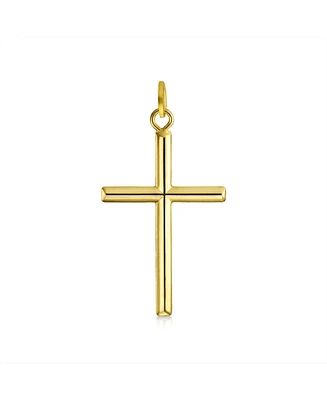 Bling Jewelry Delicate Religious Basic Simple Tube Plain 14K Yellow Gold Cross Pendant Necklace For Women No Chain