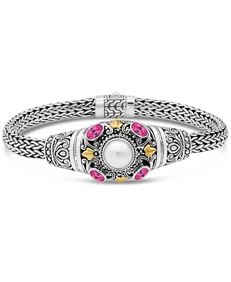 Devata Pink Topaz & Freshwater Cultured Pearl Bali Filigree with Dragon Bone Chain Bracelet in Sterling Silver and 18K Gold