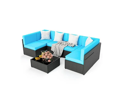 Pamapic Black 7-Piece Wicker Outdoor Sectional Set with Coffee Table and Blue Cushions