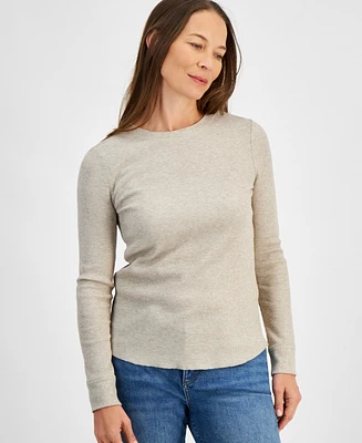 Style & Co Petite Waffle-Knit Long-Sleeve Crewneck Top, Created for Macy's