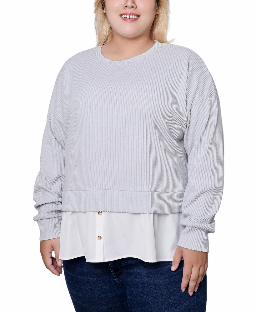 Ny Collection Plus Long Sleeve Two-Fer Top with Gathered Inset