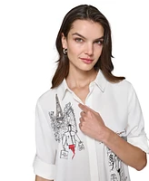 Karl Lagerfeld Paris Women's Embellished Eiffel Tower Button-Down Top