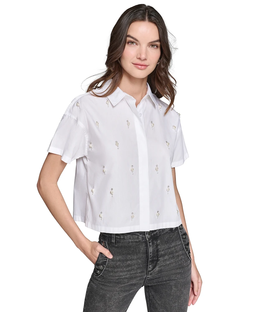 Karl Lagerfeld Paris Women's Faux-Pearl-Embellished Poplin Top