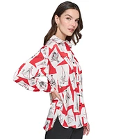 Karl Lagerfeld Paris Women's Printed Button-Front Top