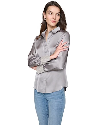 Karl Lagerfeld Paris Women's Rhinestone-Cuff Button-Down Top