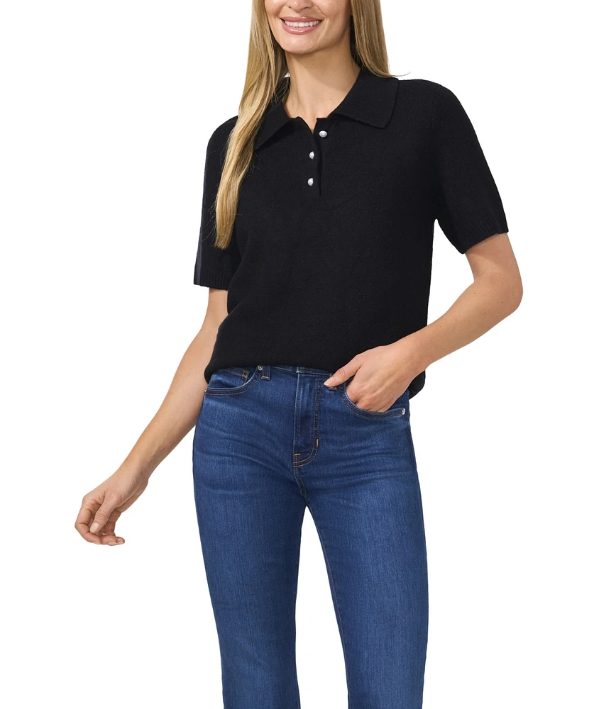 CeCe Women's Short Sleeve Polo Sweater with Cultivated Pearl Buttons