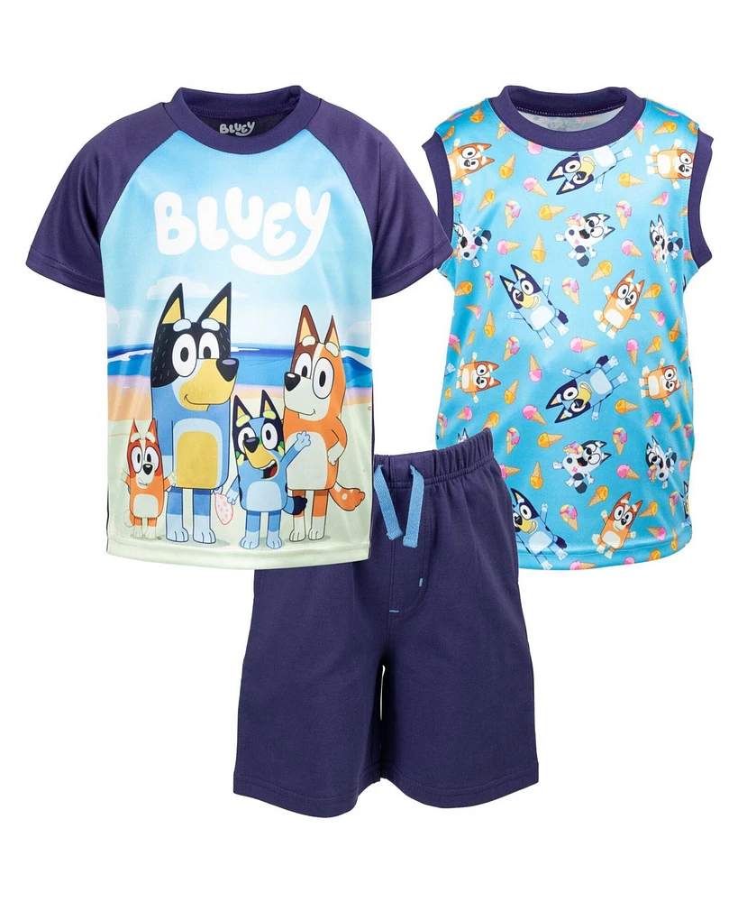 Bluey Boys Bingo Dad Mom T-Shirt Tank Top and French Terry Shorts 3 Piece Outfit Set to