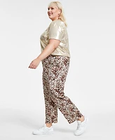 Bar Iii Trendy Plus Cheetah-Print Shine Cargo Satin Pants, Created for Macy's