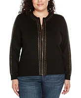 Belldini Black Label Plus Crewneck Embellished Zip Cardigan Sweater