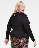 Bar Iii Trendy Plus Rhinestone-Trim Long-Sleeve Top, Exclusively at Macy's