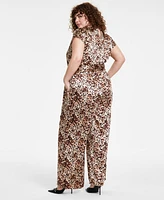 Bar Iii Trendy Plus Short-Sleeve Wrap-Front Belted Satin Jumpsuit, Created for Macy's