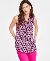 Tahari Asl Women's Geo-Print Bow-Tie Sleeveless Blouse