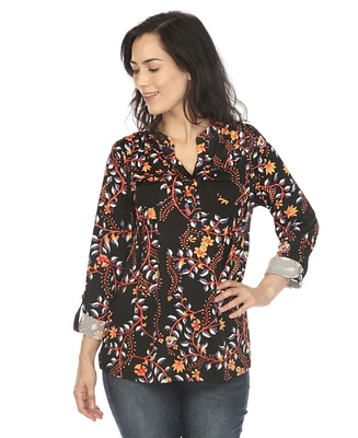 White Mark Women's Paisley Button Front Tunic Top