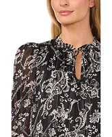 CeCe Women's Paisley Long-Sleeve Smocked Cuff Tie-Neck Top