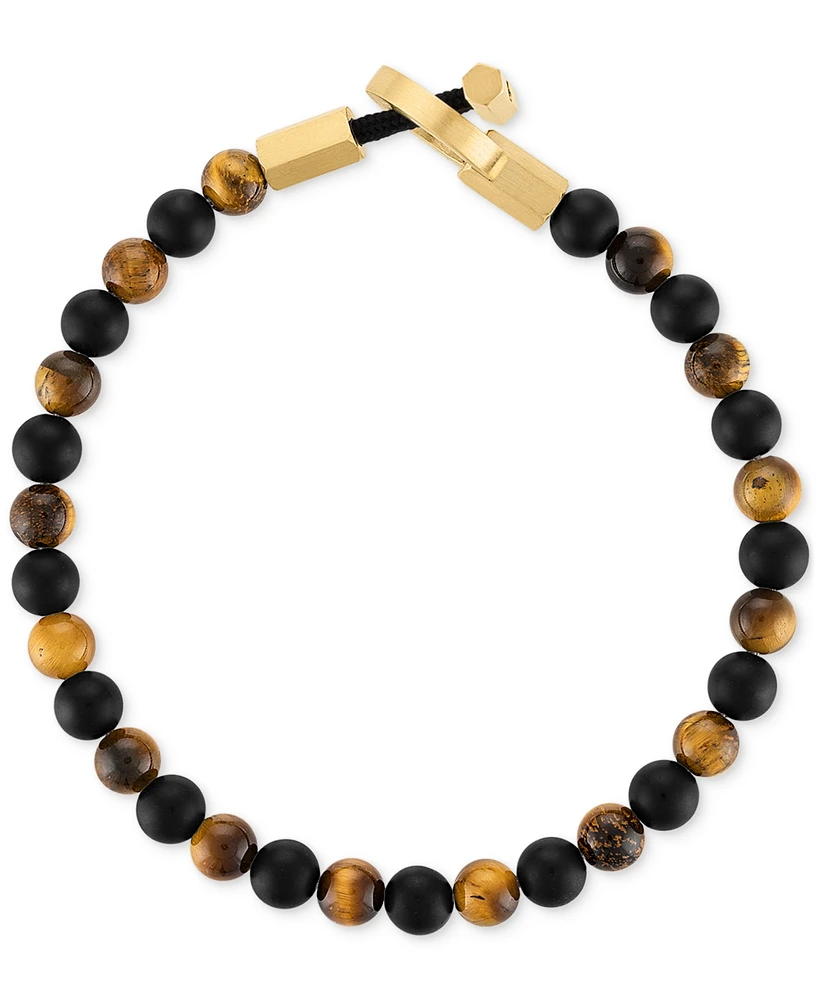 Esquire Men's Jewelry Onyx & Tiger Eye Bead Toggle Bracelet in Gold-Tone Ion-Plated Stainless Steel, Created for Macy's (Also available in Onyx & Lapi