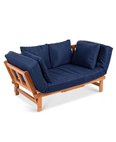 Best Choice Products Outdoor Convertible Acacia Wood Futon Sofa w/ Pullout Tray, 4 Pillows, All-Weather Cushion - Navy