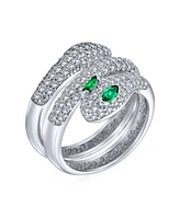 Bling Jewelry Egyptian Style Exotic Formal Cz Micro Pave Green Eye Wrapping Stackable Bypass Wrap Wide Statement Serpent Snake Ring For Women Open Adj