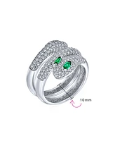 Bling Jewelry Egyptian Style Exotic Formal Cz Micro Pave Green Eye Wrapping Stackable Bypass Wrap Wide Statement Serpent Snake Ring For Women Open Adj